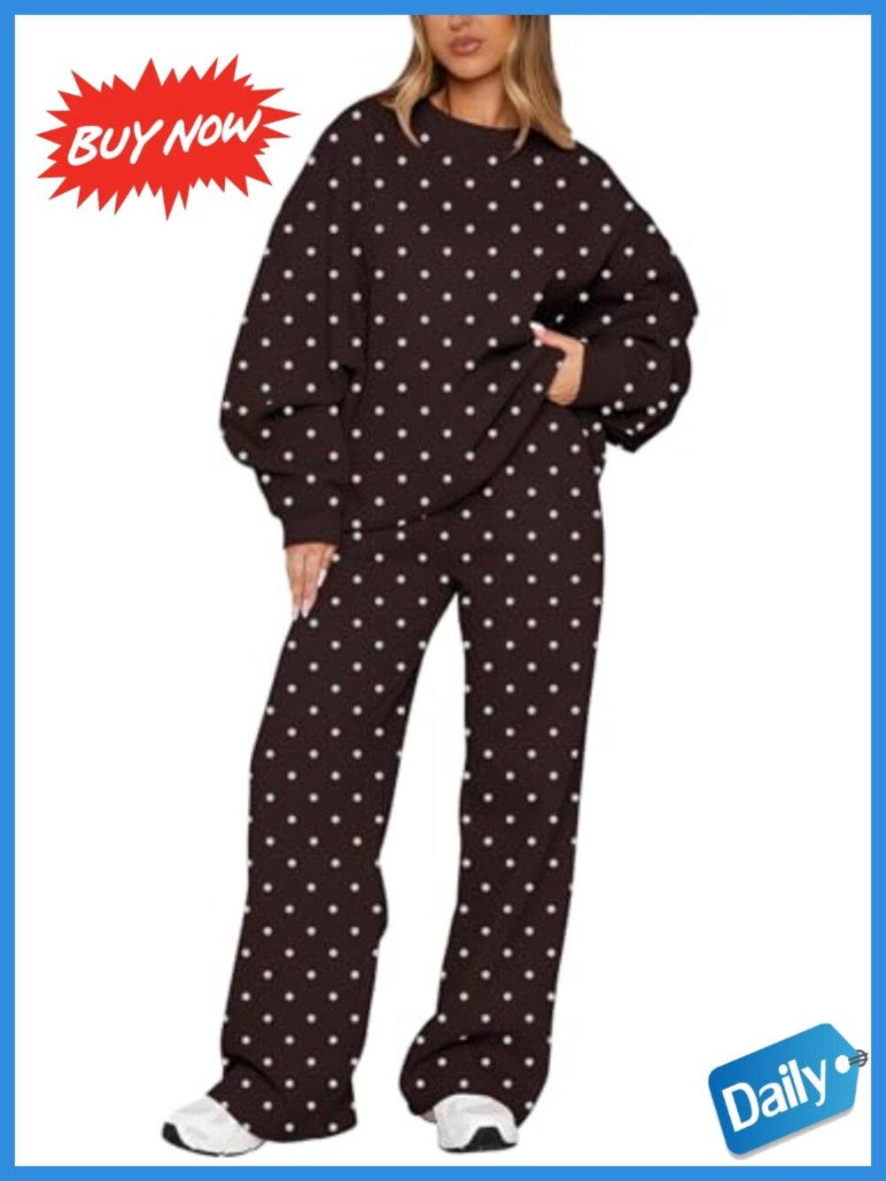 Polka Dot 2 Piece Lounge Set Sweatshirt Sweatpants Cotton Blend Women
